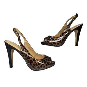 Nine West Shoes 8 Cheetah Brown Black Slingback Peep Toe Leopard Stiletto Heels